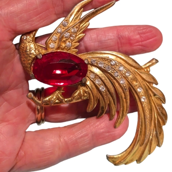 Vintage 1940 red & gold faceted rare crystal Gold plate bird of Paradise - Picture 13 of 16
